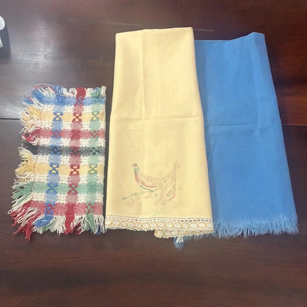 Set of 3 Vintage Cotton Tea Towels / Rags Blue Cannon, Yellow Pheasant with Lace